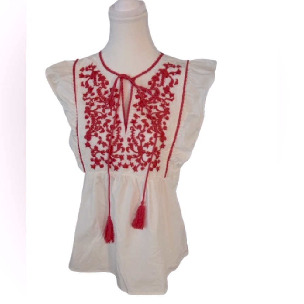 Cotton Embroidered Buddy Love Peasant Boho White Red Floral Blouse Large Cottage